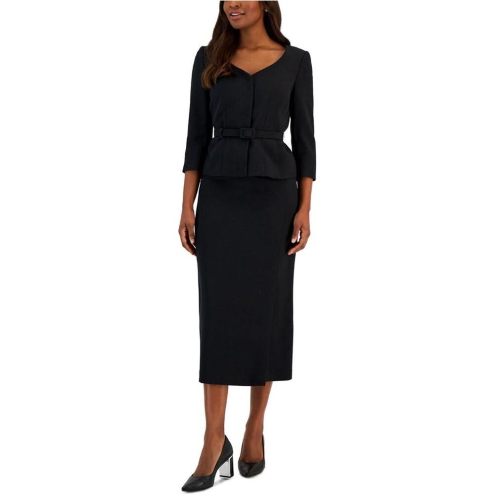 Le Suit Womens Belted 2 Piece Skirt Suit, Black, 12, MP